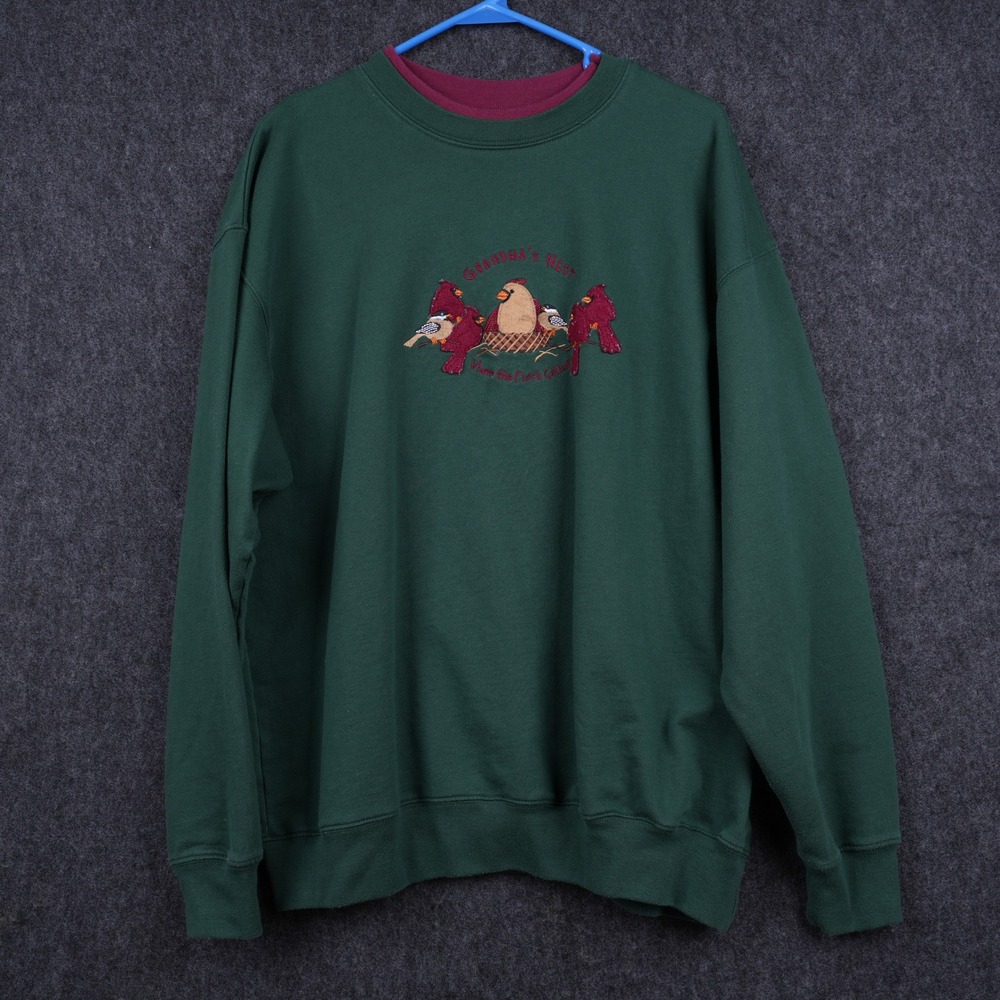 VTG M&C Sportswear Sweatshirt Women 2X Green Good Grandma Nest Birds Cardinal